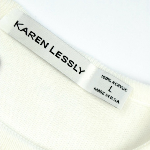 Karen Lessly Women Sweater Large $80 Cream Blue Oversized Boxy Acrylic Vtg USA - Picture 14 of 15